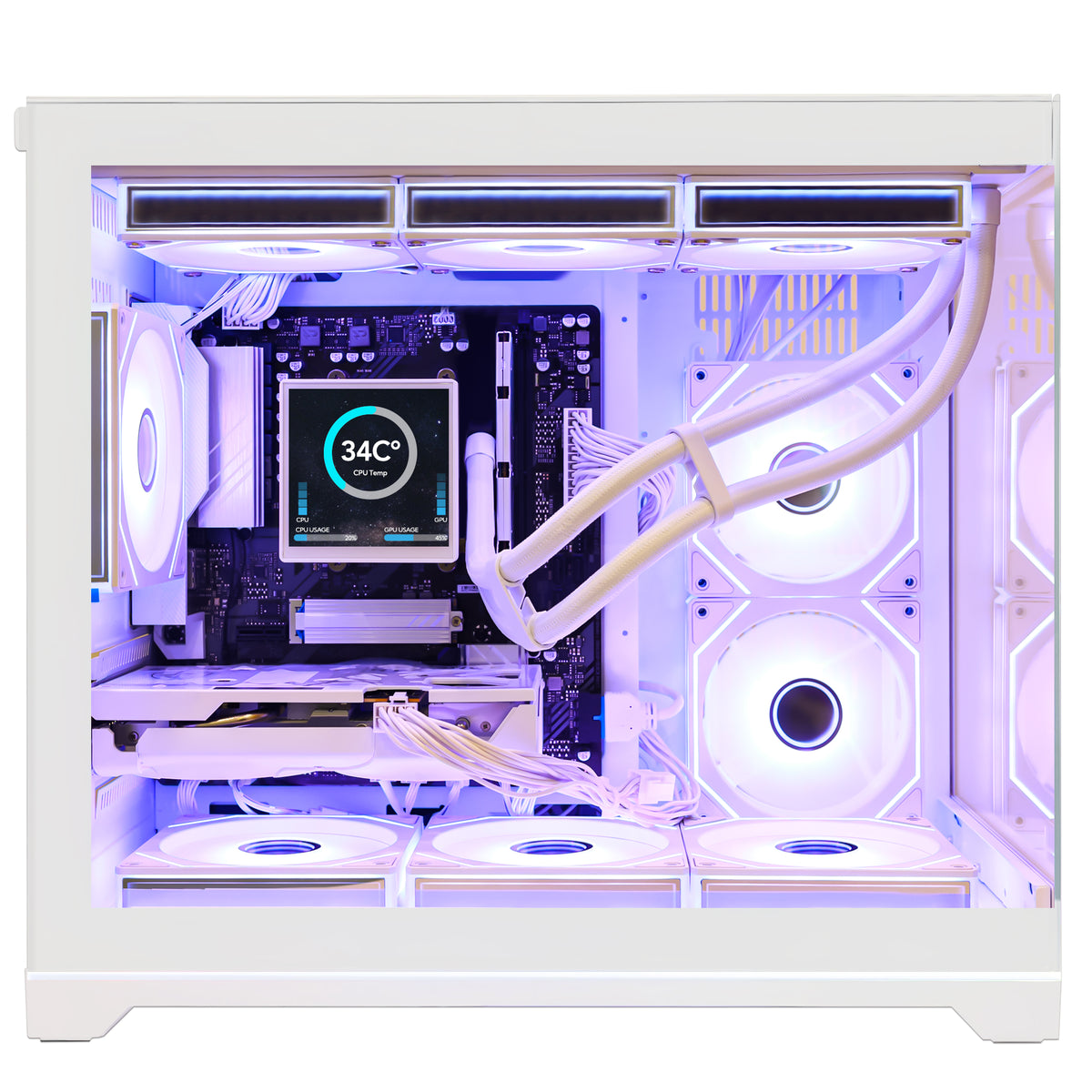 Hoengager White Gaming PC Front Side View with Ryzen 9800X3D and GeForce RTX 5070 Ti 16GB, Featuring AIO Liquid Cooling CPU Temperature Display