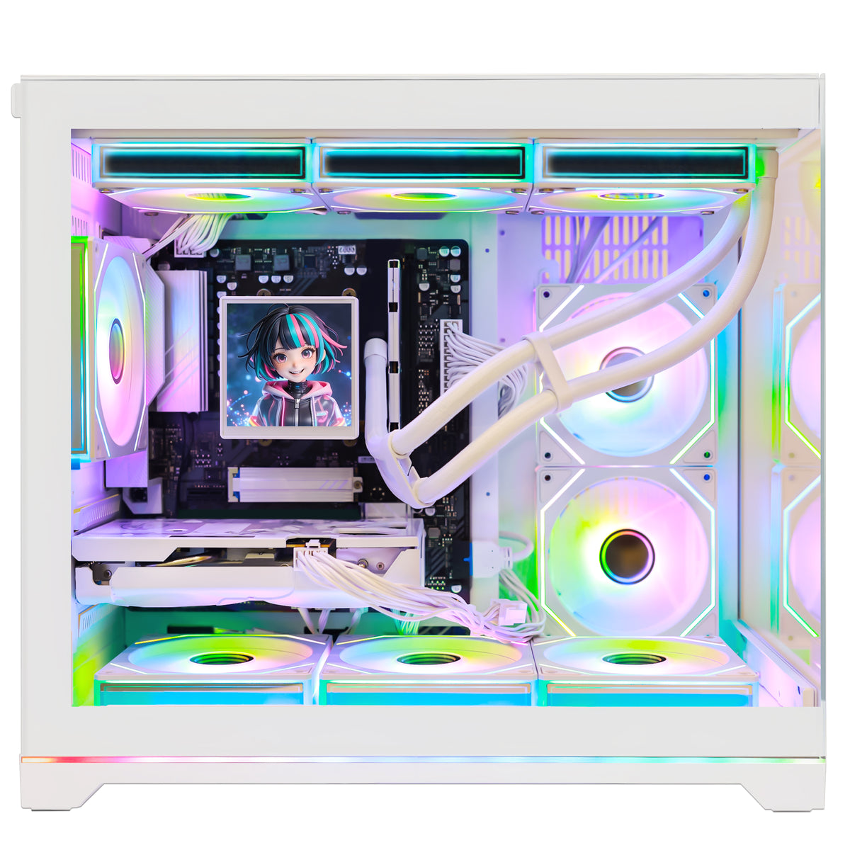 Hoengager White Prebuilt Gaming Desktop Front Interior Angle, Ryzen 9800X3D, GeForce RTX 5070 Ti 16GB, Liquid Cooler LCD Animation