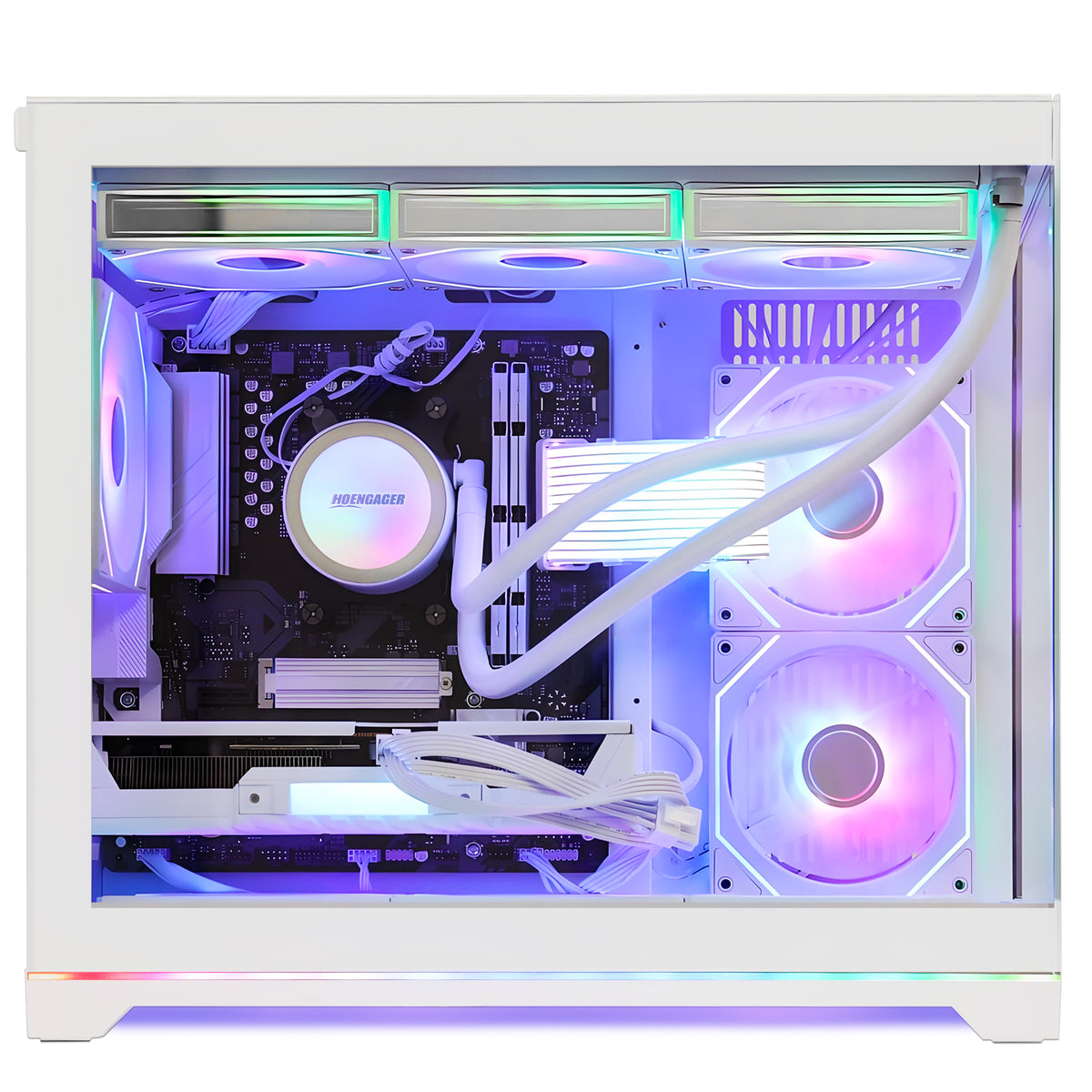 Straight side profile of HOENGAGER white gaming chassis showing internal hardware like Ryzen 9800X3D and RX 9070 GRE 12GB with rainbow ARGB.