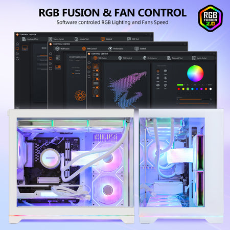 HOENGAGER RGB software control guide illustrating RGB Fusion interface for customizing lighting and fan speeds on the white gaming desktop.