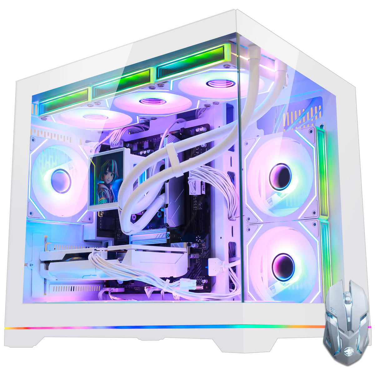 Hoengager White Gaming Computer Powered by Ryzen 9800X3D and Radeon RX 9070 XT 16GB, Displayed with Matching White Gaming Mouse