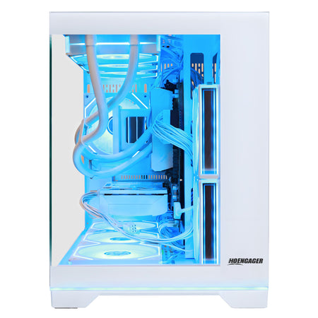 Hoengager White Dual-Chamber Gaming Desktop Side Profile, Equipped with Ryzen 9800X3D and Radeon RX 9070 XT 16GB Graphics
