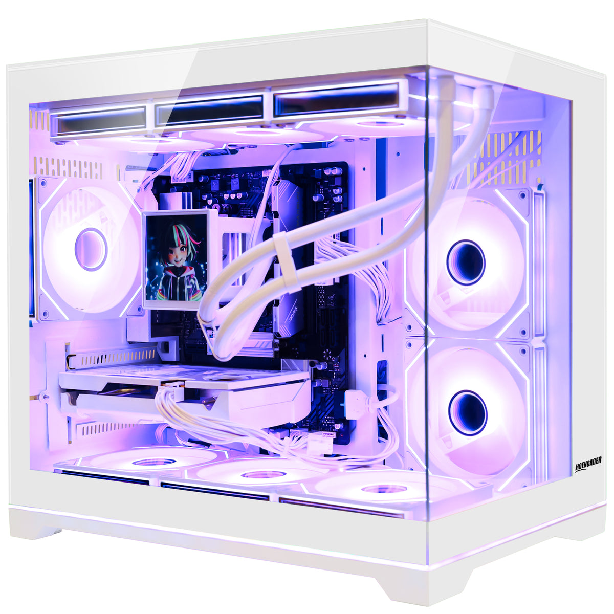 Hoengager Custom Gaming PC with Ryzen 9800X3D and Radeon RX 9070 XT 16GB, Highlighted by Soft Purple ARGB Ambient Glow