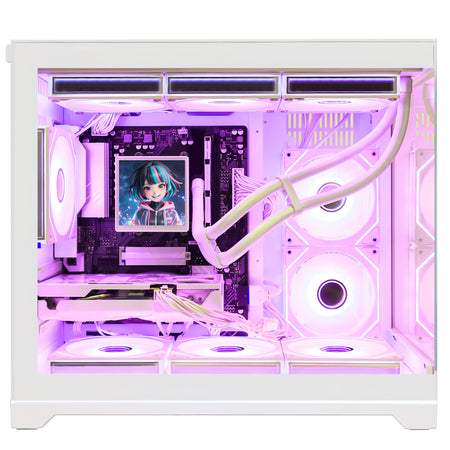 Hoengager Gaming PC Interior Close-Up Featuring Ryzen 9800X3D, Radeon RX 9070 XT 16GB, and Custom Liquid Cooler Display