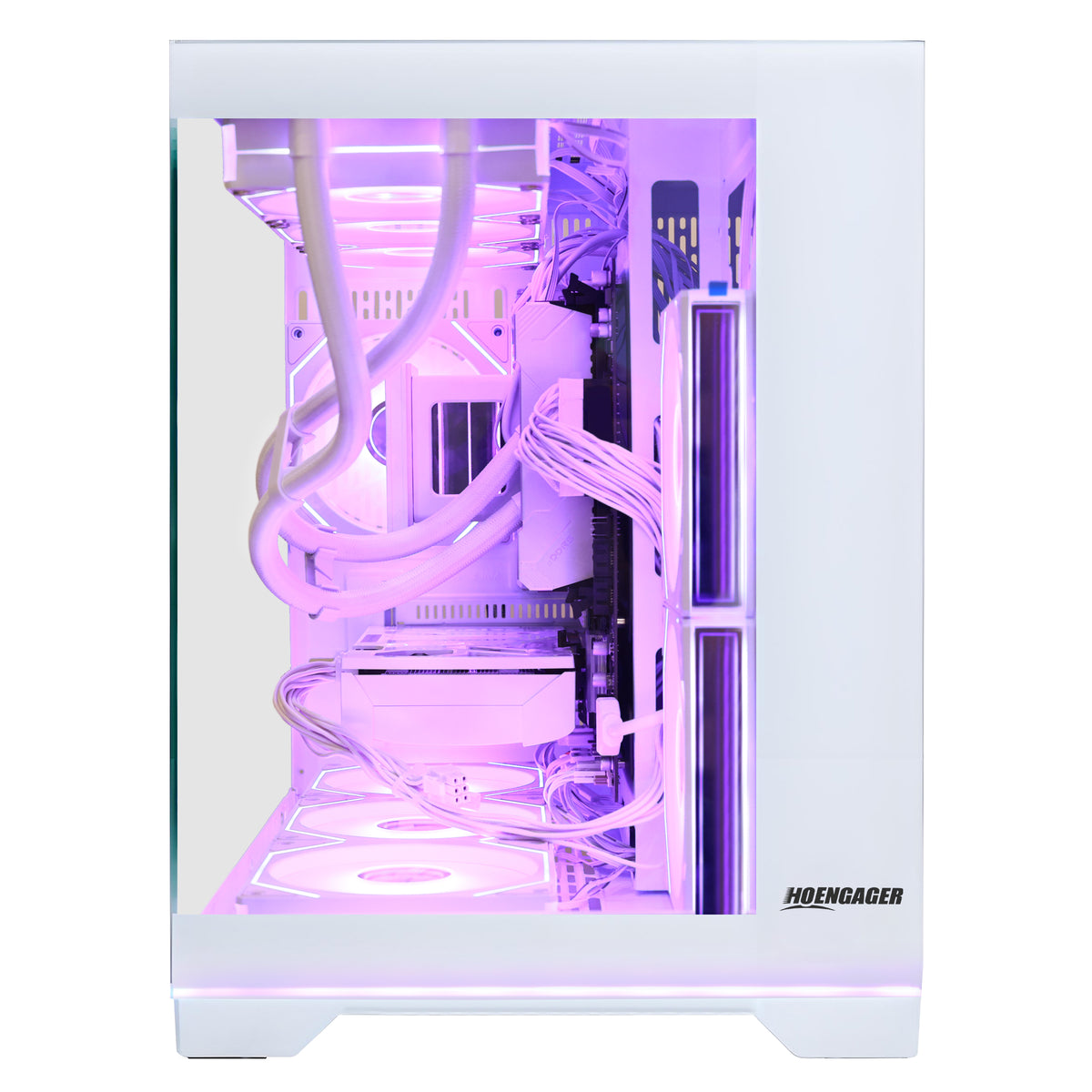 Hoengager White Gaming Desktop Side View Showing Clean Cable Management, Ryzen 9800X3D, and Radeon RX 9070 XT 16GB