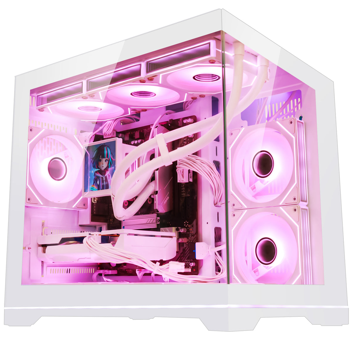 Hoengager Macaron Glass Gaming PC Powered by Ryzen 9800X3D and Radeon RX 9070 XT 16GB with Cyan Glow